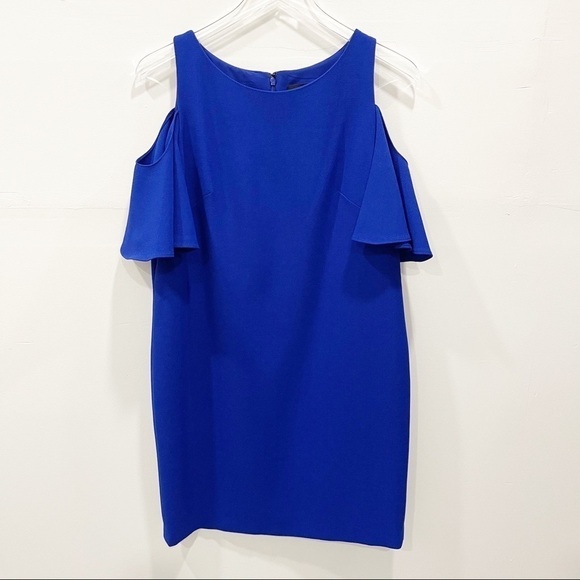 Cynthia Rowley Cold Shoulder Ruffle Blue Shift Dress Size 10 Evening - Picture 1 of 7